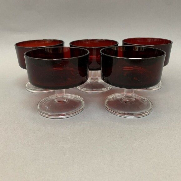 Luminarc Arcoroc Ruby Red Clear Stem Glass Sherbert Compote Lot of 5 - Picture 1 of 11